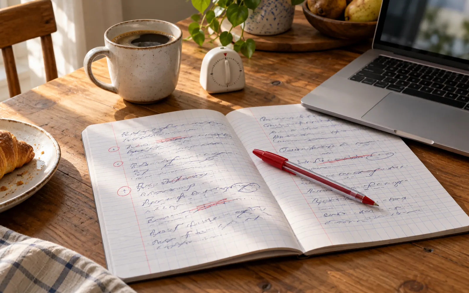 A French exercise book on a kitchen table, corrected in red pen, with a timer, a coffee and a laptop