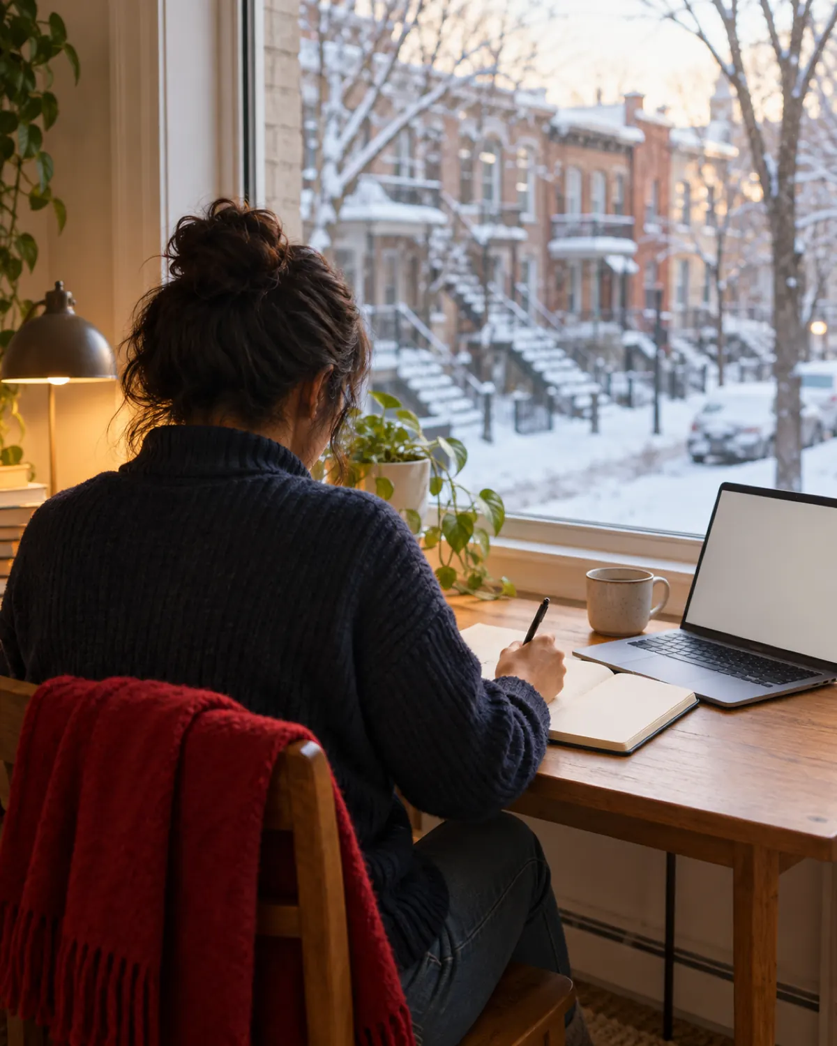 A candidate writing by hand at a desk by the window, a snowy Montreal street outside